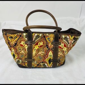 J Crew Silk Leather Purse Tote Bag Paisley Brown
